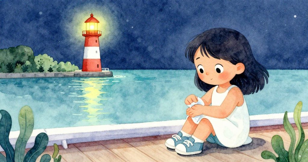 米拉平靜坐在甲板上,擦拭手腕,遠望燈塔光芒映照靜謐河口,波折後迎來安寧結局。