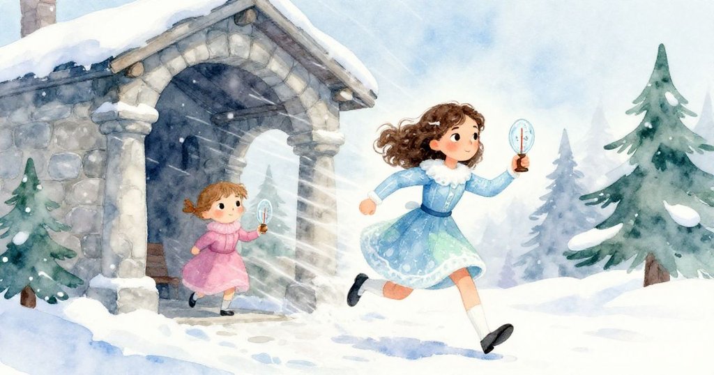 米拉在低角度中堅定奔向石拱門,手臂緊抱氣壓計,背後彩旗飛揚展現突遇強風時的勇敢與堅毅。