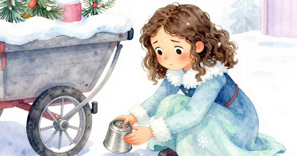 米拉低頭細心撥弄被推車壓住的風車,臉上流露出憂慮與堅毅,手部細節展現內心掙扎與專注。