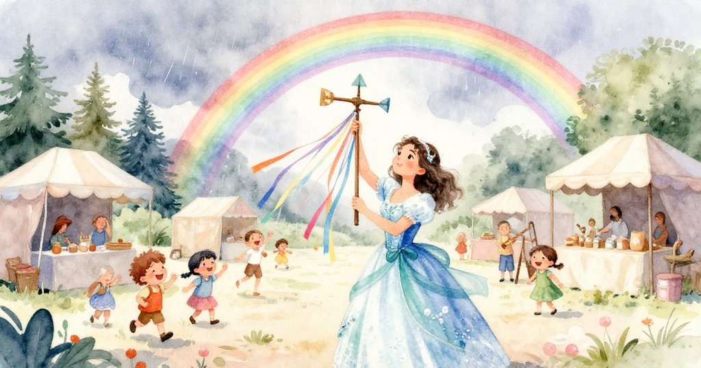 米拉在晴光中為風車綴上彩帶,孩童在雙彩虹下歡笑奔跑,節日氛圍重現生機與希望,充滿美好與重生意象。