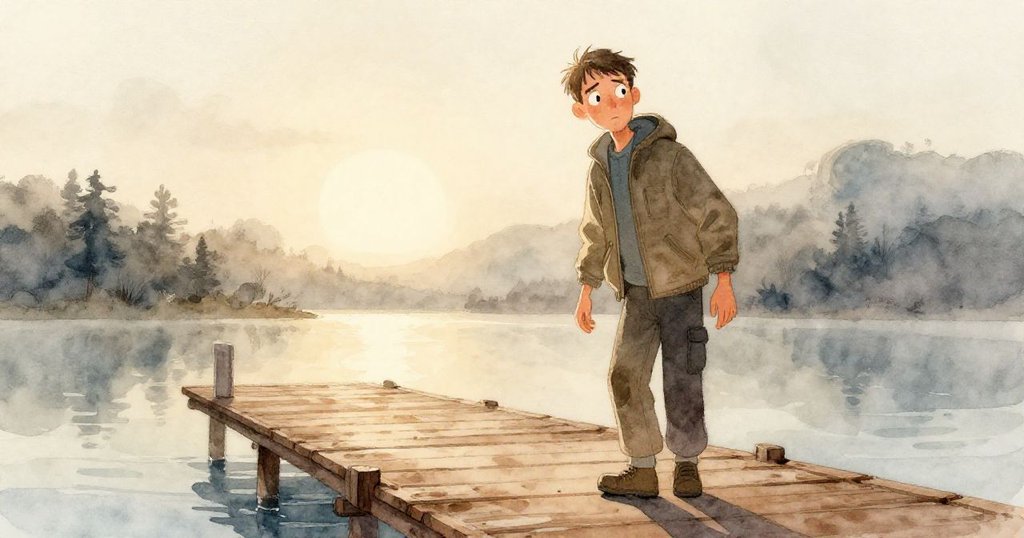 馬丁在黎明時分離開車站，踏上濕潤碼頭，神情堅定，背景展現低潮河口與晨霧朦朧光線。