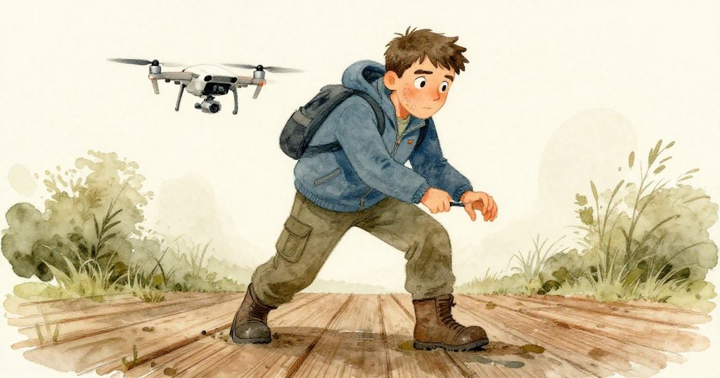 從低角度看見馬丁堅定調整無人機，靴子陷入濕潤木板，背景水面微光映照，表情專注而果決。