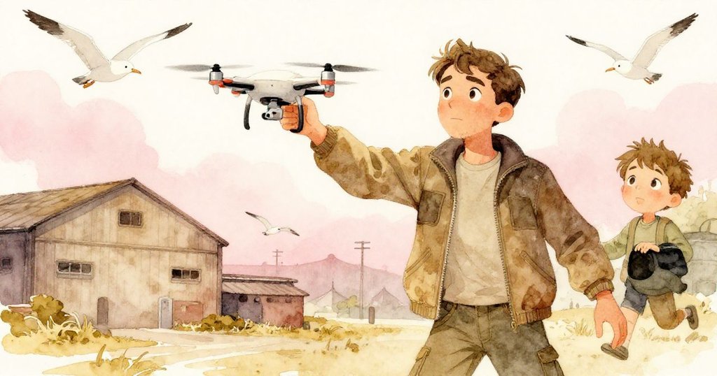 海風中馬丁努力操控無人機，背景倉庫與海鷗盤旋，日光斑駁映出緊張與專注的氛圍。