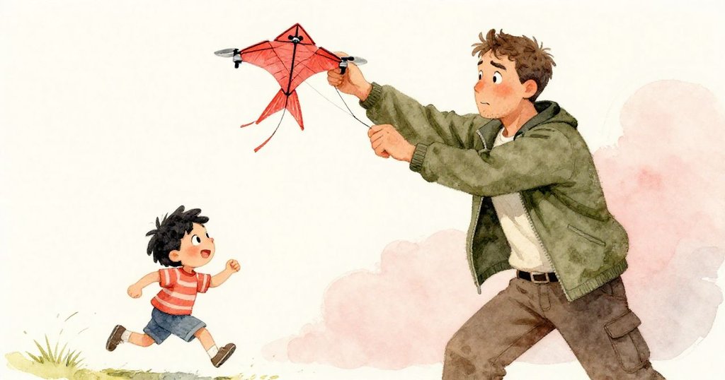 孩子奔跑放飛紅風箏纏住無人機，馬丁驚訝急忙調整，碼頭木板微陷，現出忙亂與緊張情緒。