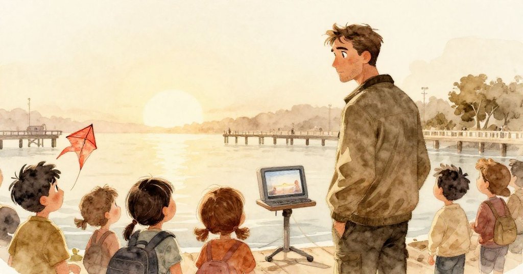 馬丁與圍觀者在夕陽下觀看無人機錄像，紅風箏靜置碼頭旁，水面反射微光，展示出溫馨和諧的結局。