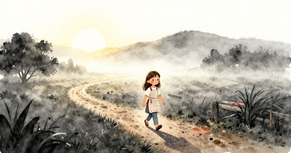 Lila在晨曦金光中走在農場小徑上，背著畫具，表情充滿希望與期待，晨霧環繞景色柔和。