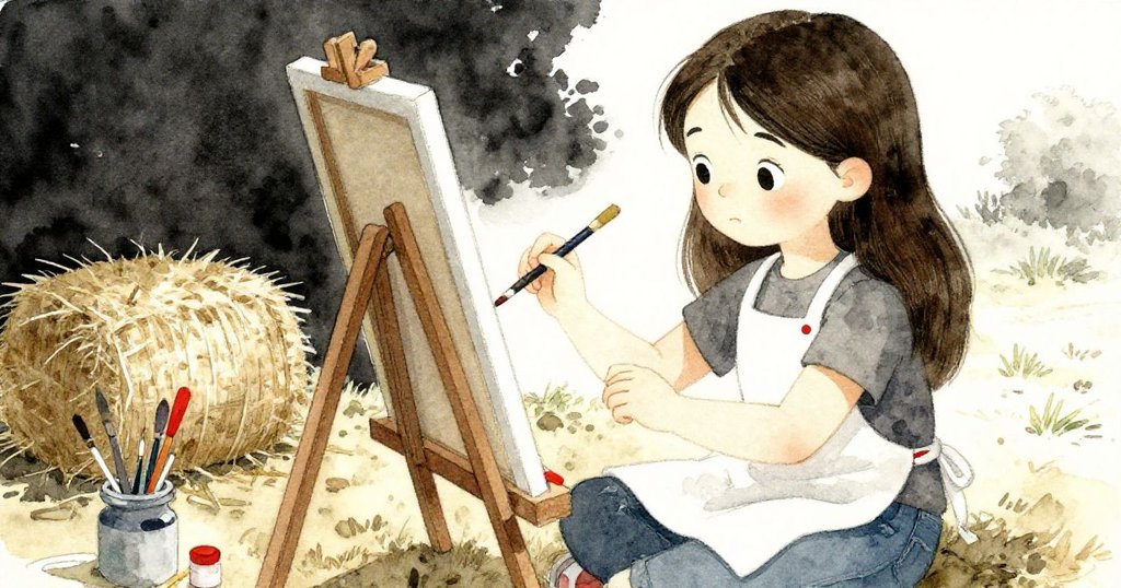 Lila專心擺放畫架與畫筆，手法精細，鄉村稻草包背景襯托出準備創作的期待與細膩情感。