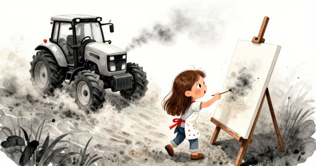 Lila退後觀望沾塵畫布，表情驚訝，拖拉機揚起塵土在鄉村背景中形成強烈動態對比。