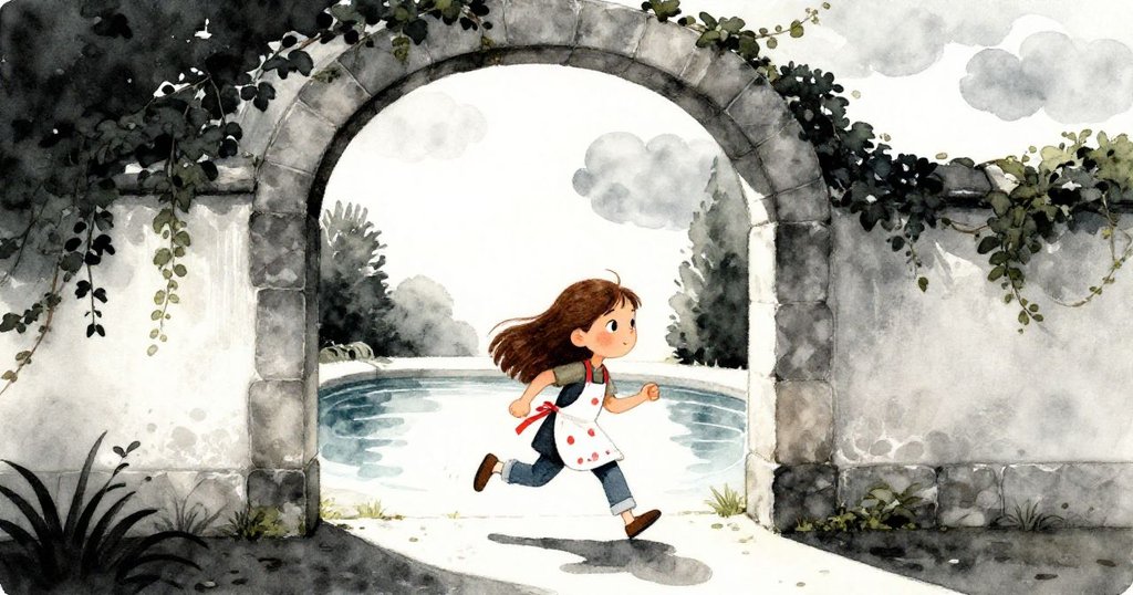 Lila急步穿過石拱門進入庭院，池水倒映柔雲，表情中透出尋找寧靜與靈感的渴望。