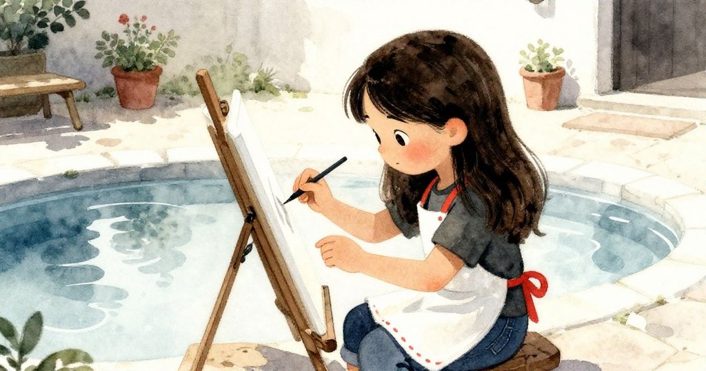 Lila在庭院池邊專注作畫，以細膩筆觸完成畫作，眼神滿足，柔光映出水面夢幻倒影。