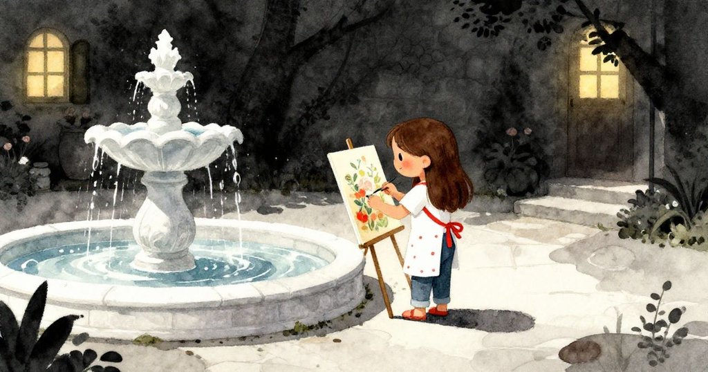 傍晚柔光中，Lila站在完成的畫作旁欣賞寧靜庭院，噴泉輕鳴，溫馨氛圍襯托成就與平靜感。