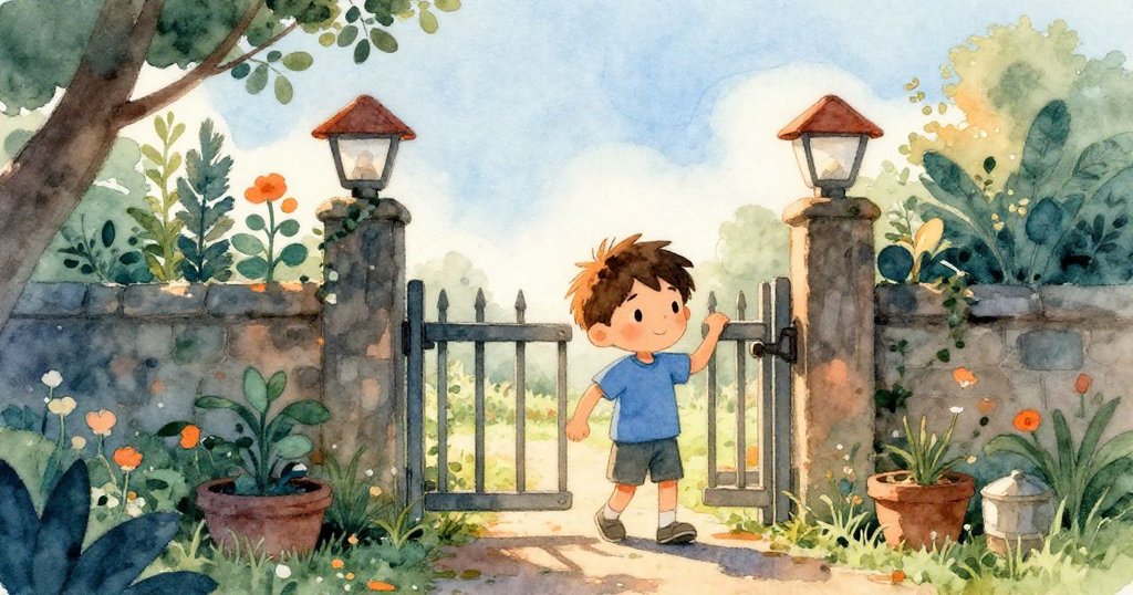 Milo推門進入花園,展現堅定臉龐與溫暖光線,社區裡冒險展開,夕陽下充滿希望。