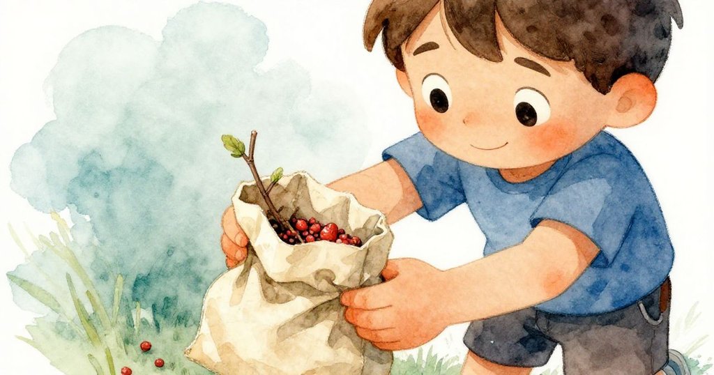 Milo專注端詳紙袋中的草莓種子與小樹枝,手部細節精緻,表情專注,描繪準備的氛圍。