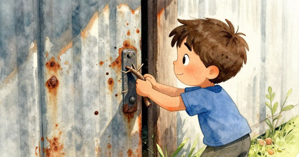 從Milo背後看他用細樹枝嘗試撬開生鏽的工具棚門,雨後遺痕與堅毅表情映出努力精神。