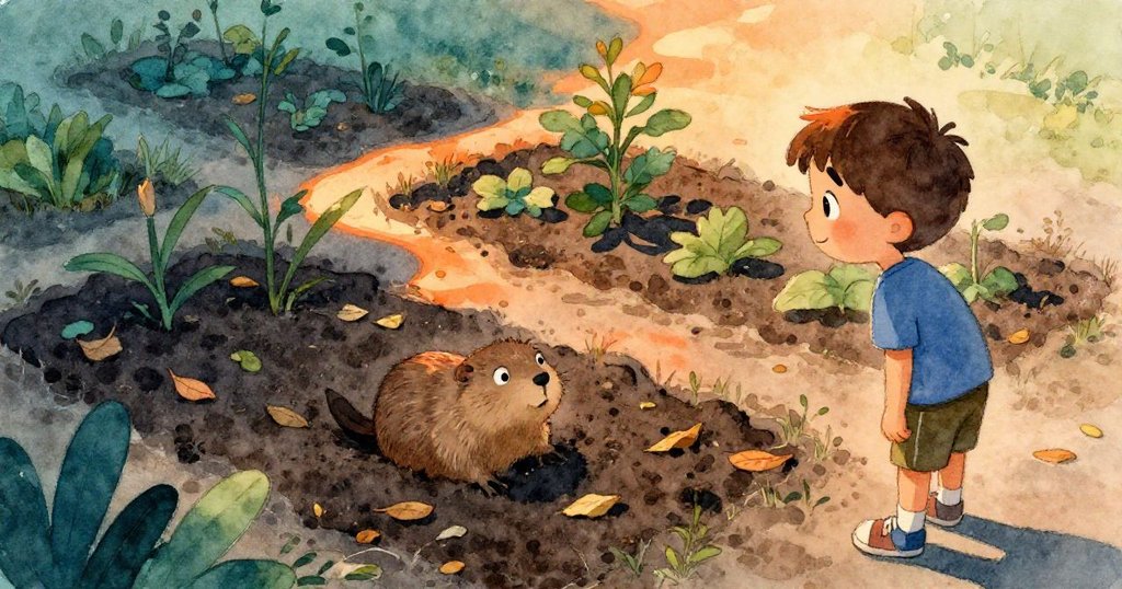 高處鳥瞰花園中Milo關注突現的小地鼠,夕陽映照下土壤與雜草交織出豐收希望,場景寧靜美好。