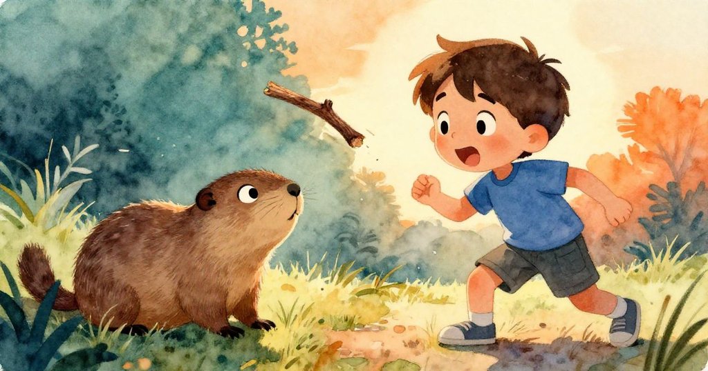 Milo驚訝間動作急促,樹枝飛出,小地鼠忽現於花園邊緣,瞬間刻畫出動感與自然奇遇。