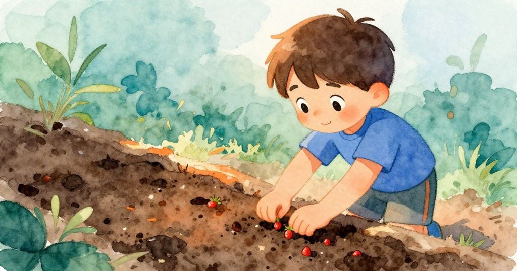 Milo在傍晚柔光中細心將草莓種子埋入整理好的土床,充滿溫馨與期待,完成一天的努力與愛心。