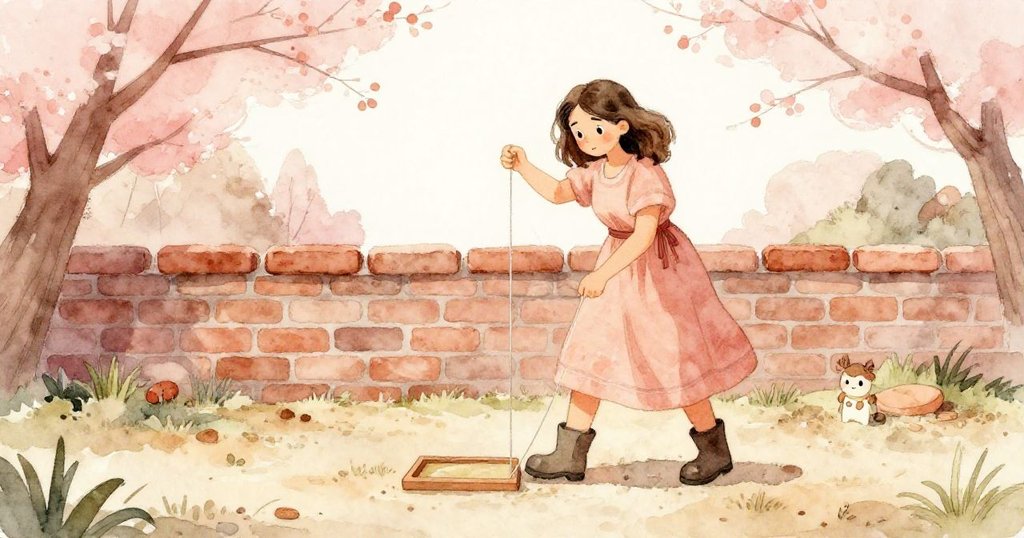 瑪莉兒在春日暖陽下,用繩子測量磚牆後的灰塵地面,臉上展現著決心,環境充滿生機。