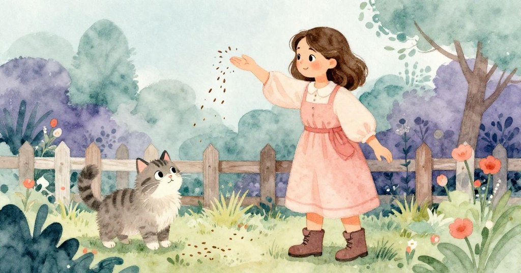 瑪莉兒在庭院中灑播種子,邊上好奇的鄰居貓從籬笆上觀望,充滿活力與趣味感。