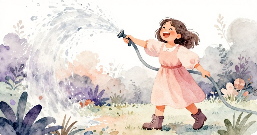 瑪莉兒在庭院中搖晃澆水壺時水花四濺,破裂的軟管噴出水滴,她流露出又驚又喜的神情。