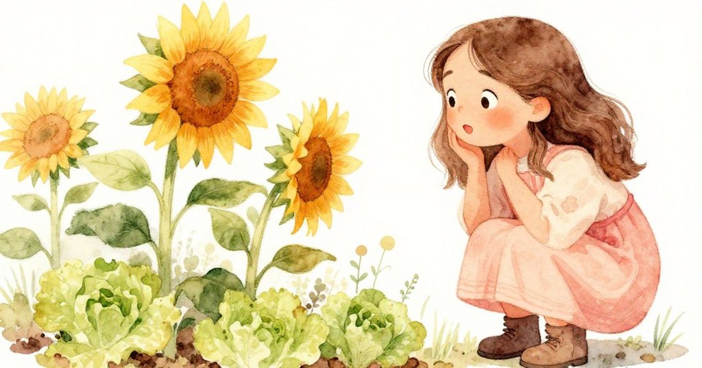瑪莉兒俯身仔細觀察,發現原種的作物竟變成高大的向日葵,遮蔽著嫩萵苣,她滿臉驚奇與柔和情感。