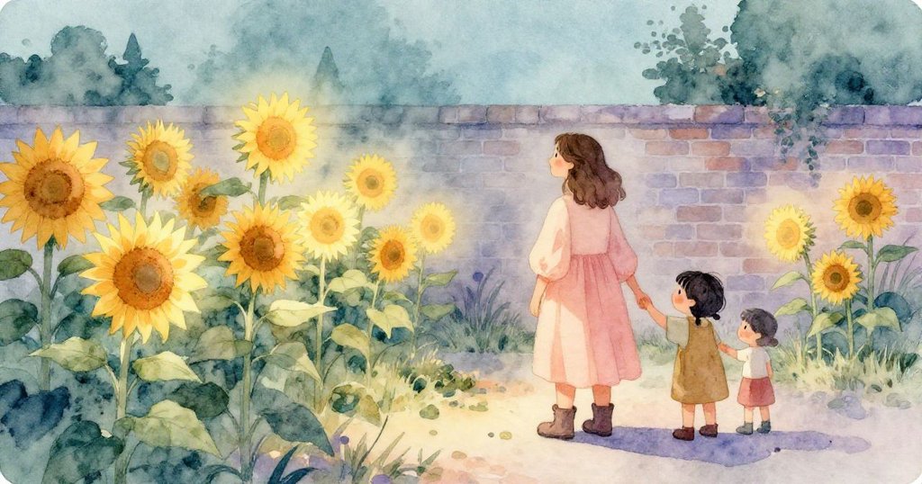 暮色中,瑪莉兒和孩子們在寧靜庭院內欣賞高大的向日葵牆,溫柔夕陽灑落,充滿平和與驚喜。