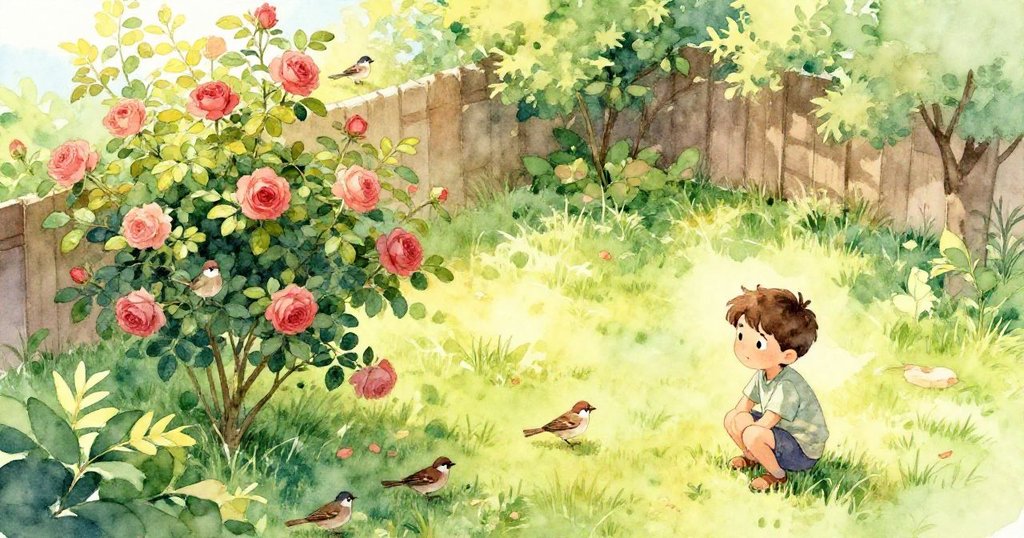 米洛在後院玫瑰叢邊伏身等待,俯瞰視角展現晨光、綠草與鳥鳴,環境充滿自然寧靜與期待。