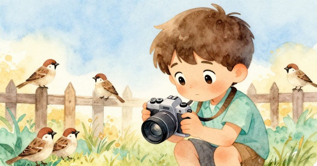 米洛緊握著相機專注拍攝,面部流露期盼與堅定,背景中小鳥活躍飛舞,呈現曦光溫暖氛圍。