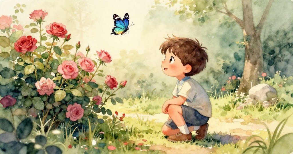 從昆蟲視角看,芥菜花旁蝴蝶輕舞接近毛毛蟲,細膩自然畫面充滿溫暖與奇妙互動。