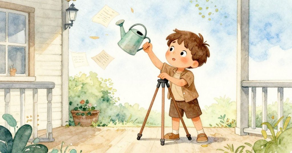 米洛在家門前重新調整三腳架,動作迅速且謹慎,散落紙張隨風飛舞,呈現室內外融合場景。