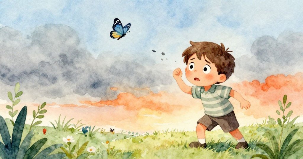 米洛因意外聲響而神情焦急,看著蝴蝶隨動盪天空飛逝,場景充滿緊張與掙扎感。