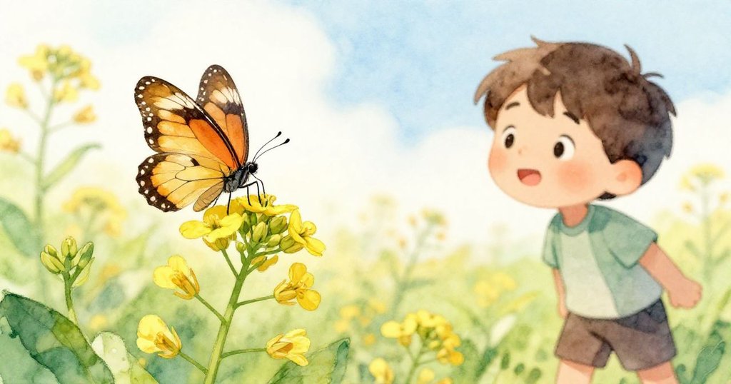 米洛最終捕捉到蝴蝶輕臨芥菜花之美好瞬間,臉上洋溢喜悅與滿足,故事圓滿落幕。