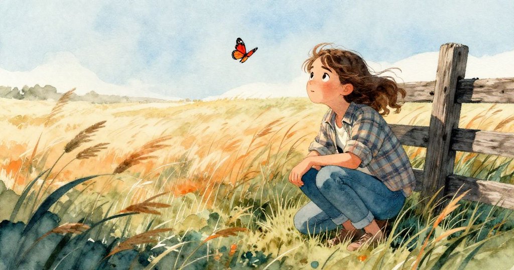 Riley 蹲在充滿暖光的牧場邊，舊相機在手捕捉搖曳高草與飛舞的紅蝴蝶，表情充滿好奇與期待。