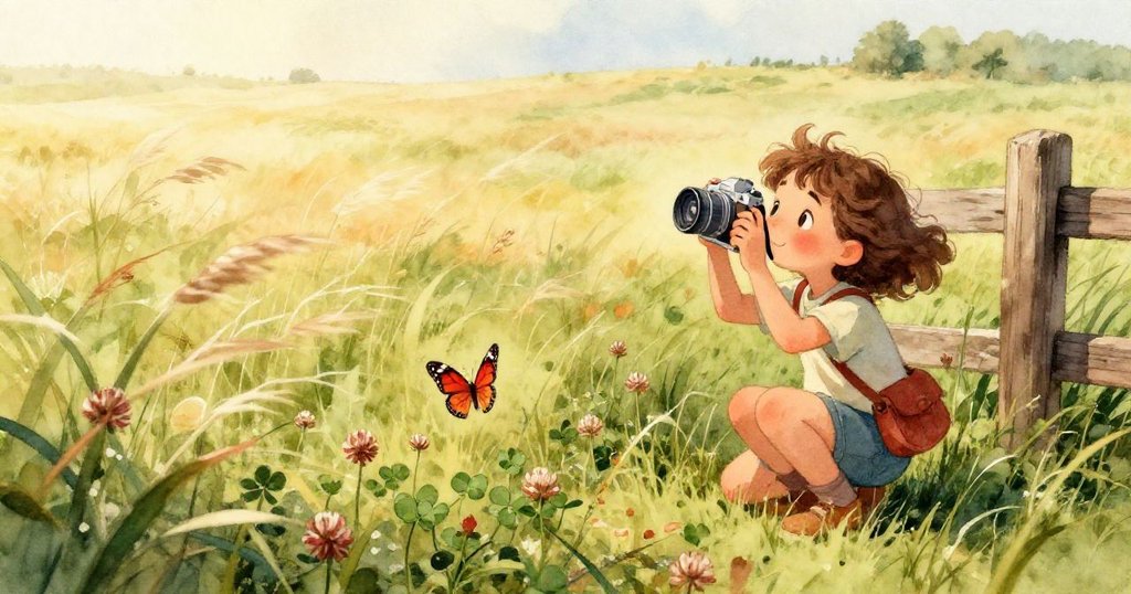 Riley 的相機鏡頭捕捉沾露紅蝴蝶於三葉草上細膩紋理，近距離展現大自然細節與神秘美感。