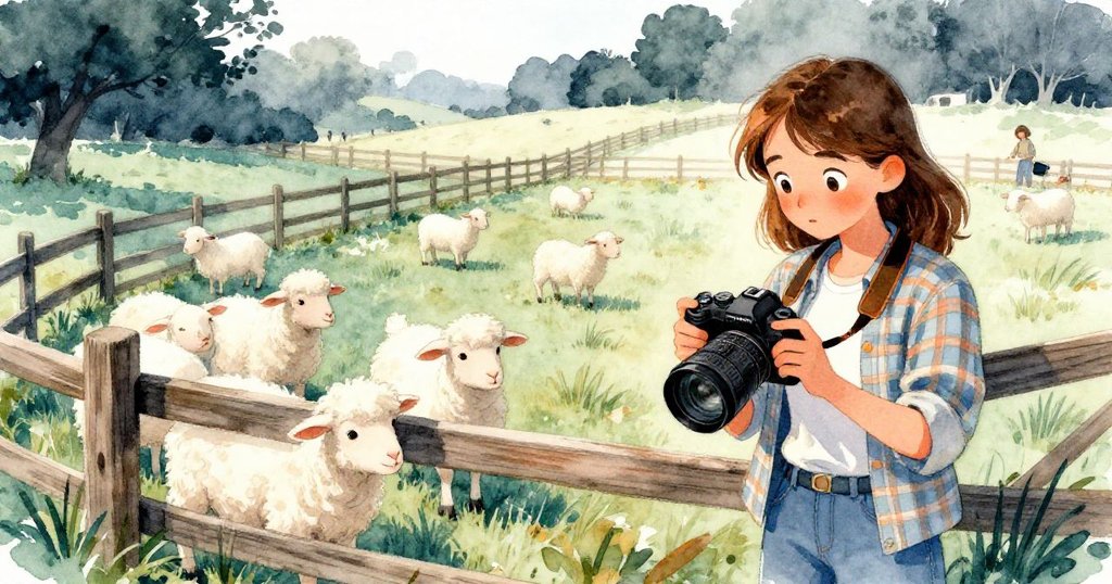 Riley 正調整相機帶，背景中羊羔嬉戲搖動柵欄，模糊視角呈現牧場動感與愉悅氛圍。