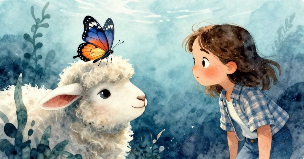 Riley 靜待時刻，透過水下朦朧效果看到蝴蝶棲落在羊羔毛茸頭上，畫面充滿神秘與夢幻韻味。