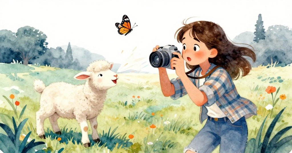 Riley 正按下相機快門捕捉瞬間，羊羔噴嚏間動感四射，蝴蝶縱身飛起，展現緊湊活躍的牧場情景。