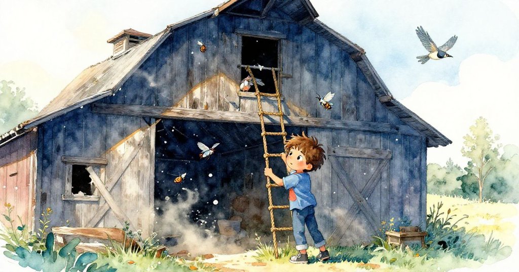 小男孩Lucas在老穀倉中檢查繩梯，金色光芒灑落，環境充滿昆蟲與飛鳥，臉上帶著好奇與期待。