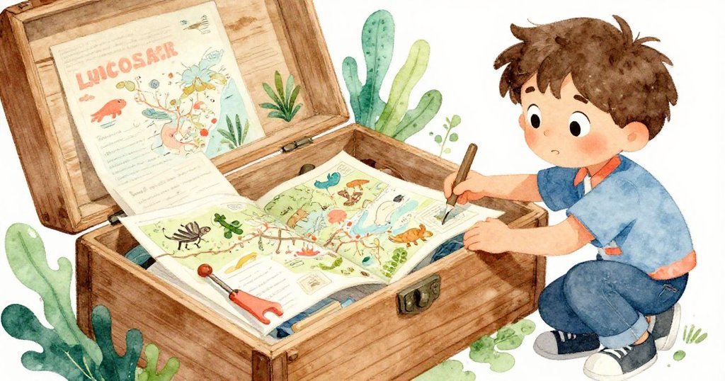Lucas打開一個舊木箱，檢查野生動物地圖和工具，專注面容展現探索精神，背景有塵埃和光影。