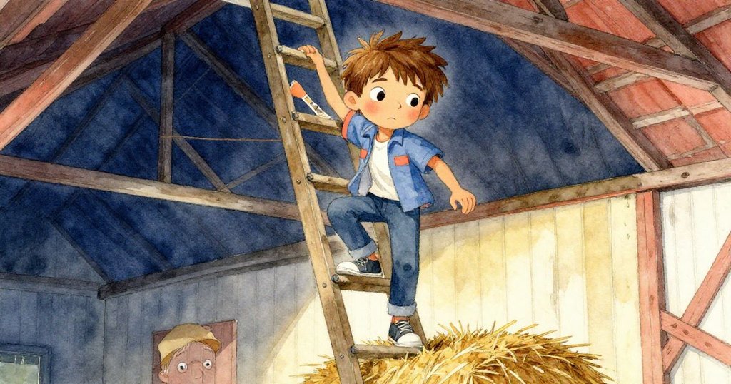 低角度仰視Lucas爬上堅固的梯子，面帶決心，周圍呈現老穀倉斑駁結構和暖光。