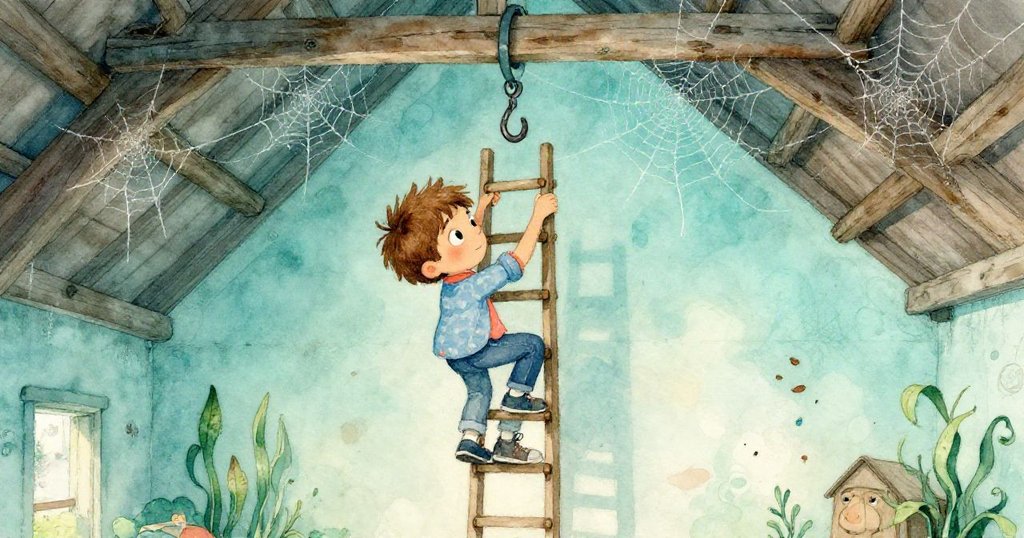 在隱蔽的穀倉角落，Lucas發現掛著塵封的掛鉤，專心綁定梯子，環境滿佈蛛網和舊木板。