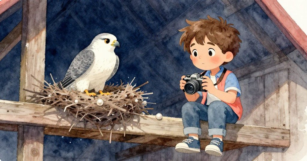 Lucas在高處對準棲息中的隼拍照，眼神專注而興奮，四周動物靜默觀望，慶祝任務成功。