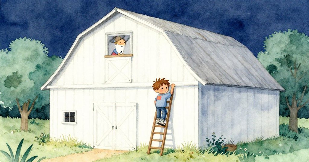 傍晚光線中，Lucas緩慢下梯，穀倉充滿安靜與柔和光影，工作完畢後臉上流露滿足與平靜。