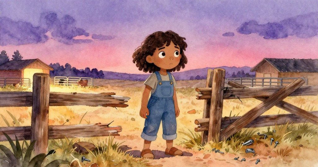 Mira在紫羅蘭夜幕下，站在破舊圍欄旁準備修理，田野背景中透露出遠處畜棚與暖光，神情專注。