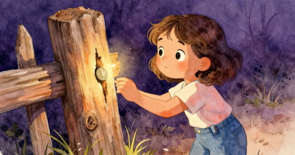 Mira發現扭曲圍欄柱底藏銅幣，目光充滿好奇，在柔和金橙光中探索隱秘角落，呈現超現實細節。