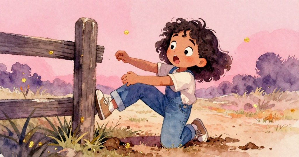 Mira試圖頂木板時跌倒，濕泥染上牛仔褲，神情驚訝卻堅定，周圍草叢和暮光映襯動態場景。