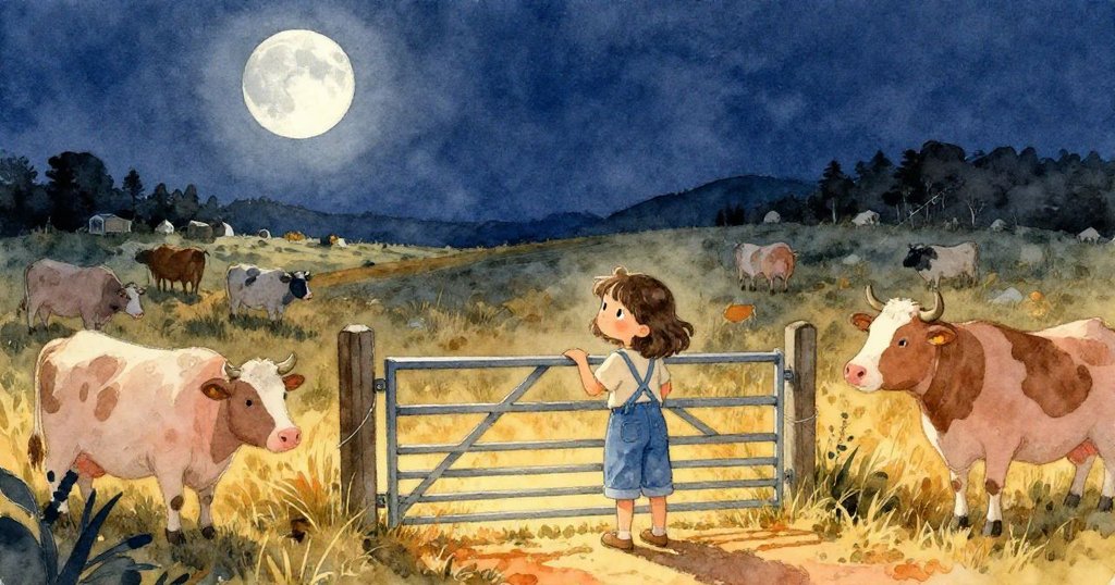 Mira於月光下輕推修好大門，確認圍欄修補成功，遠處牲畜靜臥於黑暗田野中，整體氛圍溫馨圓滿。