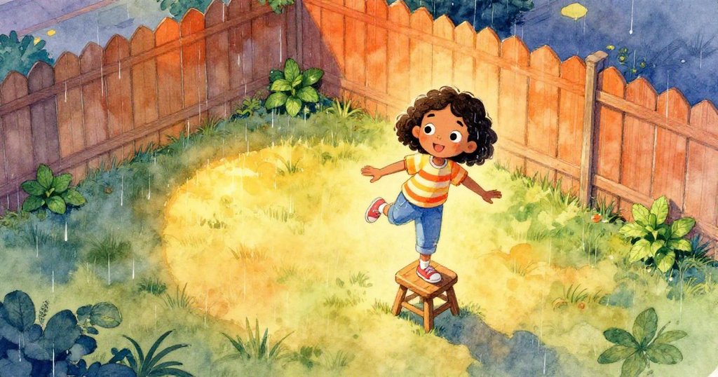 Kayla在溫暖傍晚後院圍欄邊平衡於矮凳上，雨後草地閃耀，表情專注，氛圍初現故事開始。