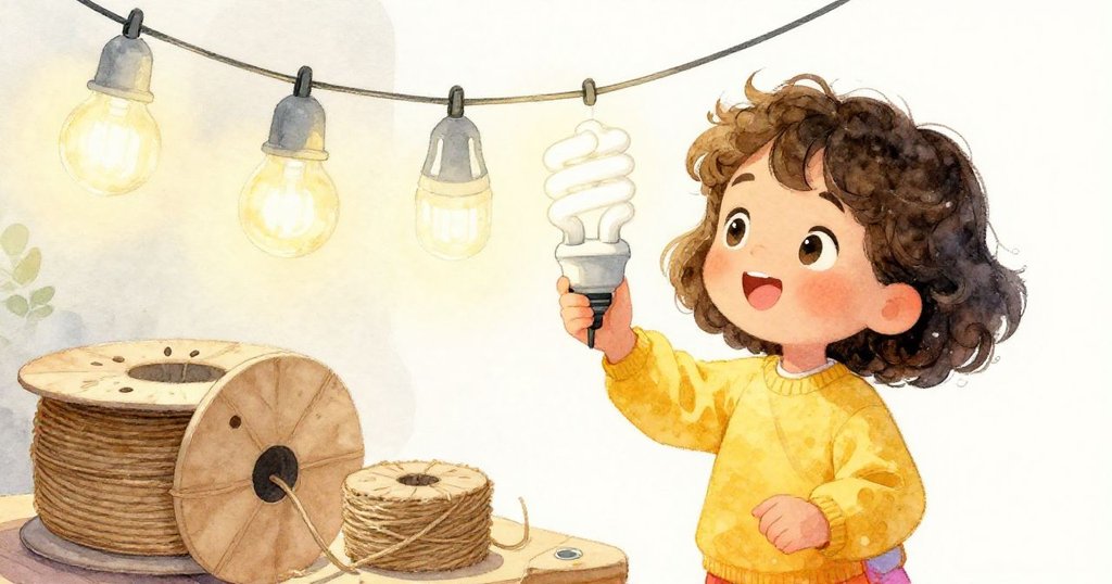 Kayla專注檢查節能燈串及棕紙麻繩包裝的線卷，身處後院一角，流露出對環保細節的認真關懷，故事初展。