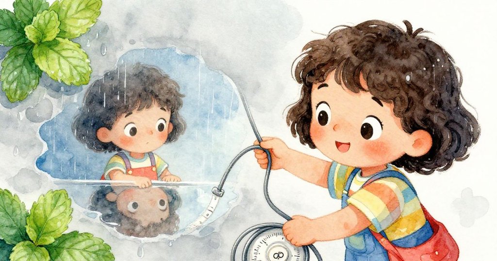 Kayla蹲於雨後濕潤草地，用手測量電纜，小水坑中倒映她專注神情及薄荷輕搖，展現故事發展中場景轉換。